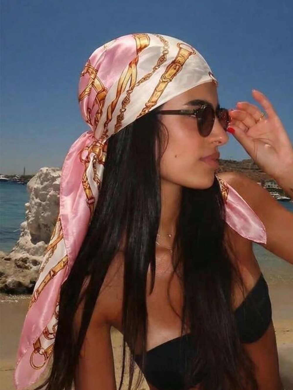 8 Other Reasons Pink and Ivory Chain-Print Silk Headscarf